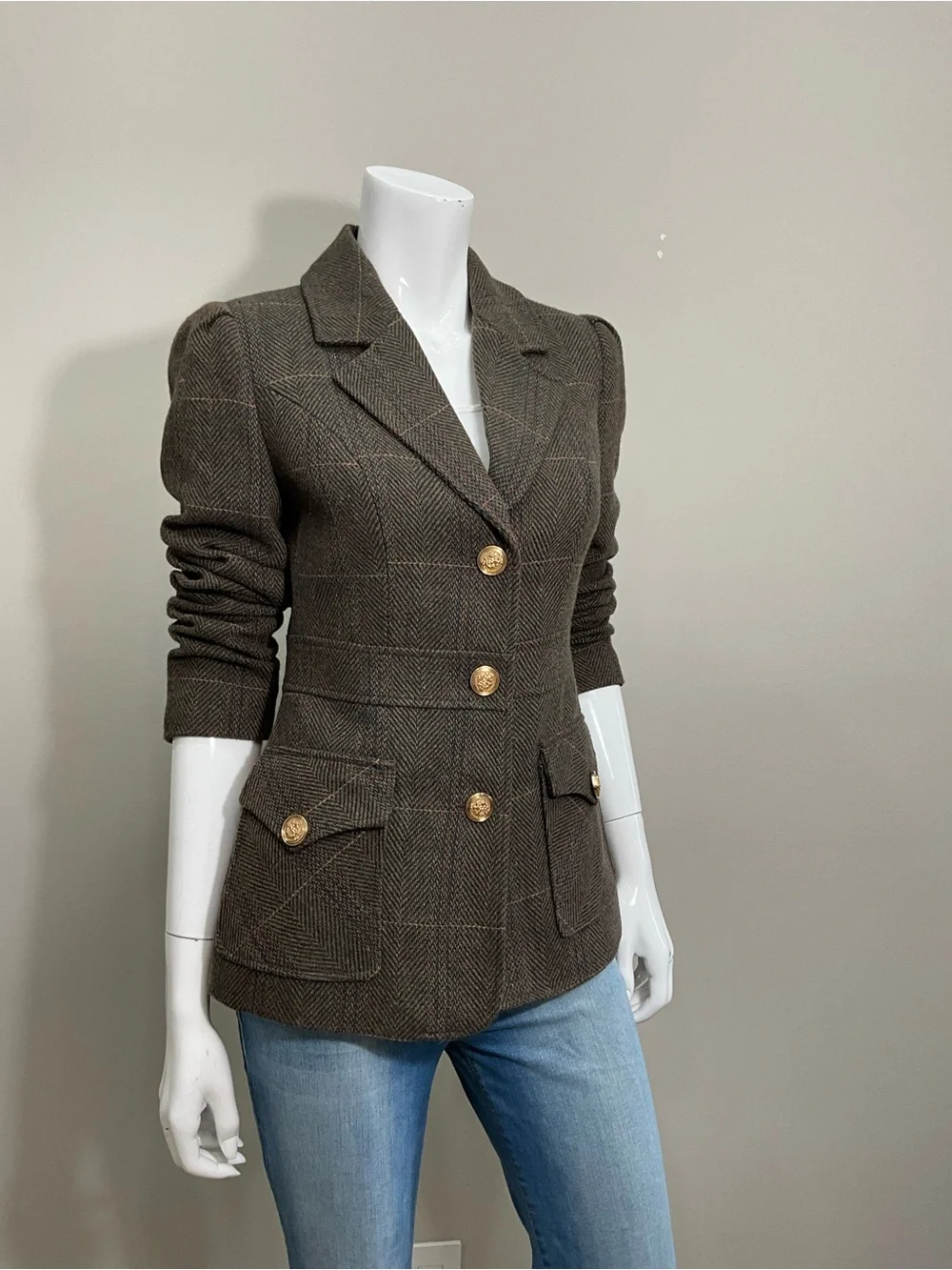 AVEC LES FILLES Equestrian Jacket Brown Herringbone Wool Blend Blazer XS